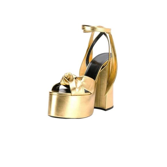 Metallic Lace Up Chunky Heel Platform Heels Open Toe Size 37 or 6.5 - Picture 2 of 11